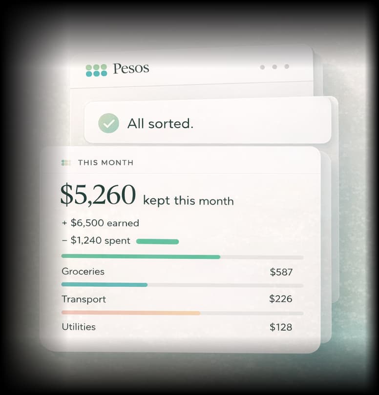 Pesos spending dashboard showing $5,260 kept this month with categorised groceries, transport and utilities transactions